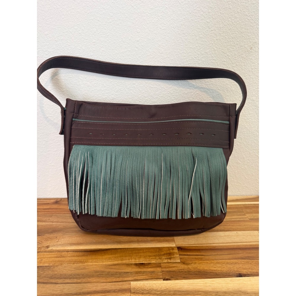 Handmade Brown Leather Fringe Shoulder Bag Teal Western Boho Hobo Handbag